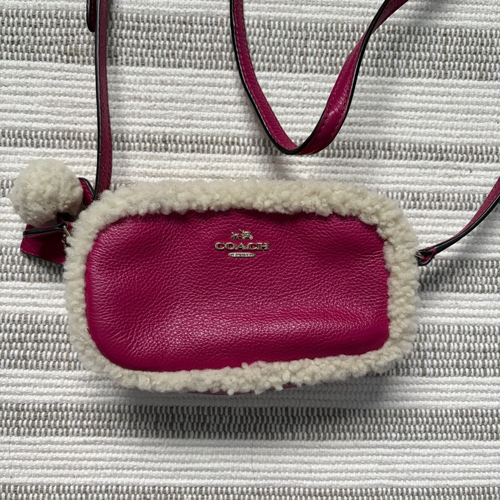 Coach Crossbody Pouch in Leather and Shearling Cranberry Natural - Picture 2 of 10